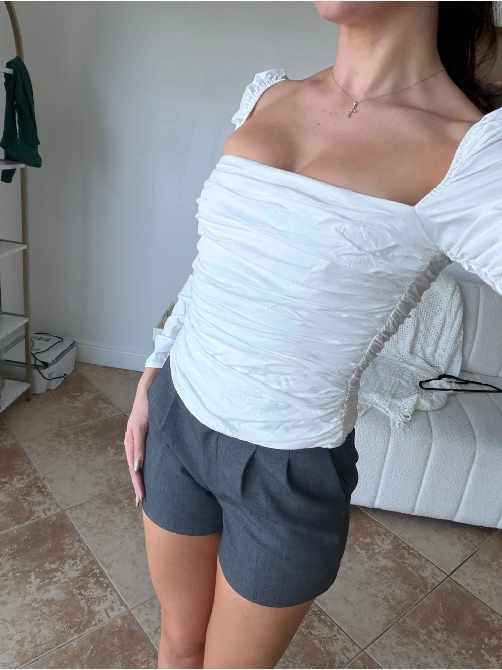 Reformation White Ruched Square-Neck Blouse